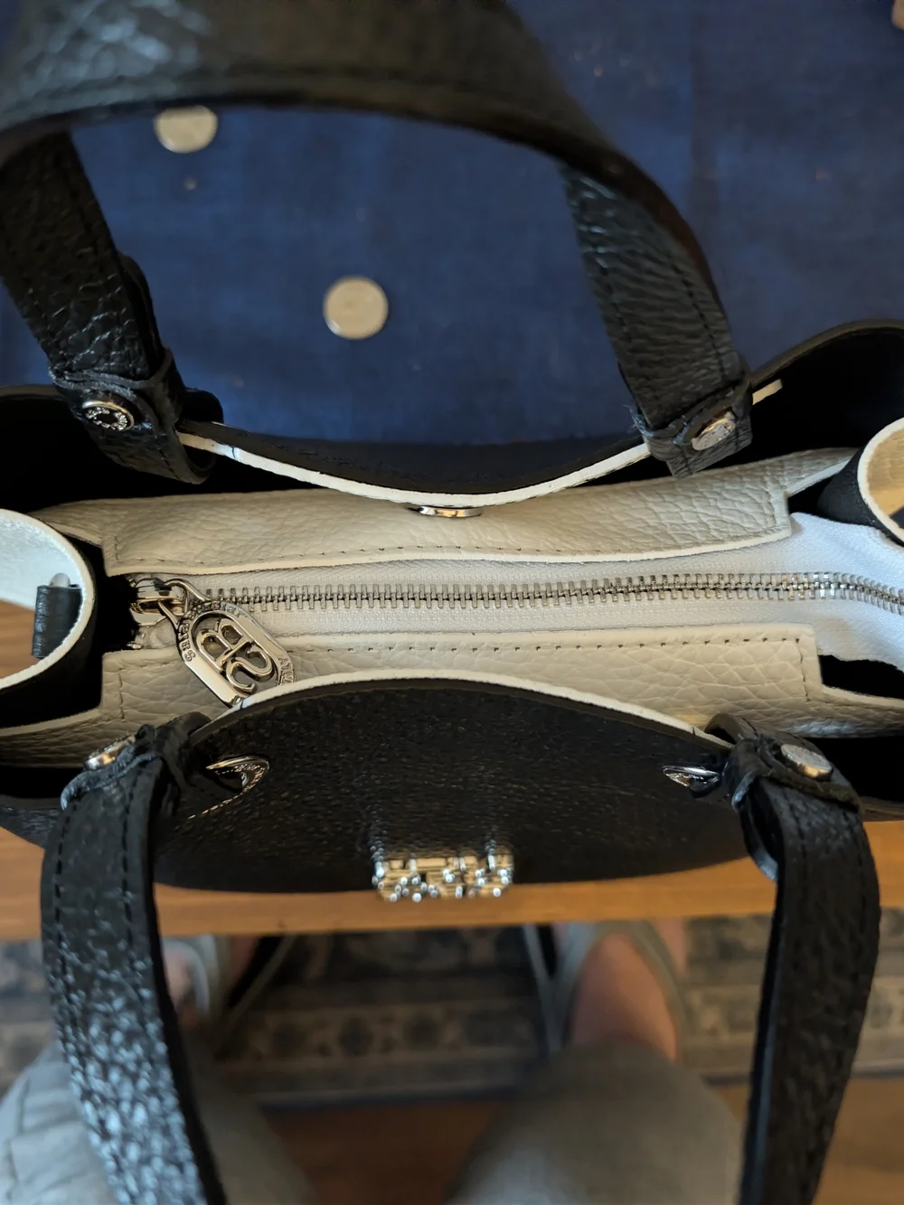 Black Leather Tote with Contrasting White Trim